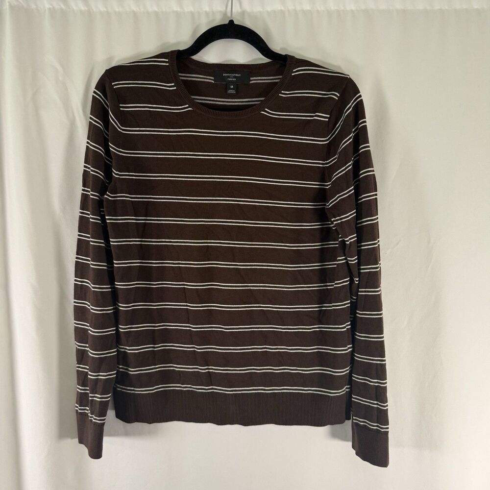 Banana Republic Forever Knit Blouse Women's Medium Brown White Striped Crewneck